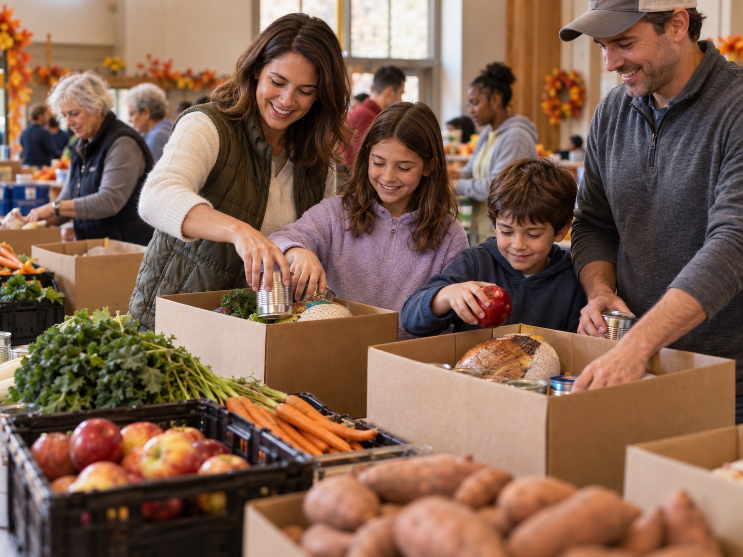 Illustrative volunteers packing food donations