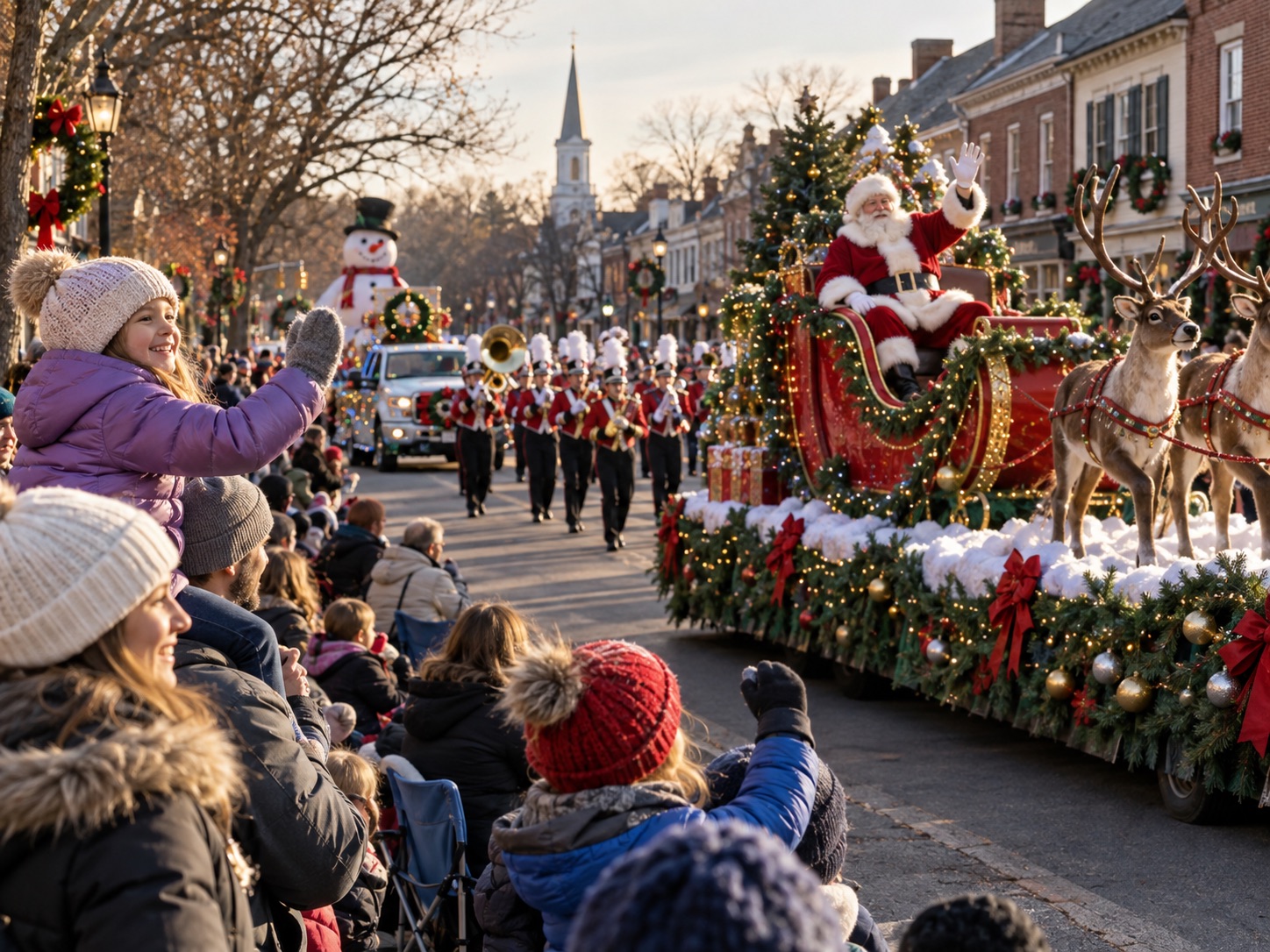 A holiday parade with lights
